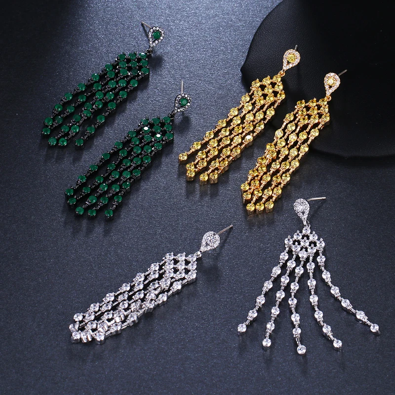 Sugo Classic Fashion Luxury Exquisite Tassel Cubic Zirconia Long Pendant Earrings For Elegant Women Dinner Party Jewelry Wearing