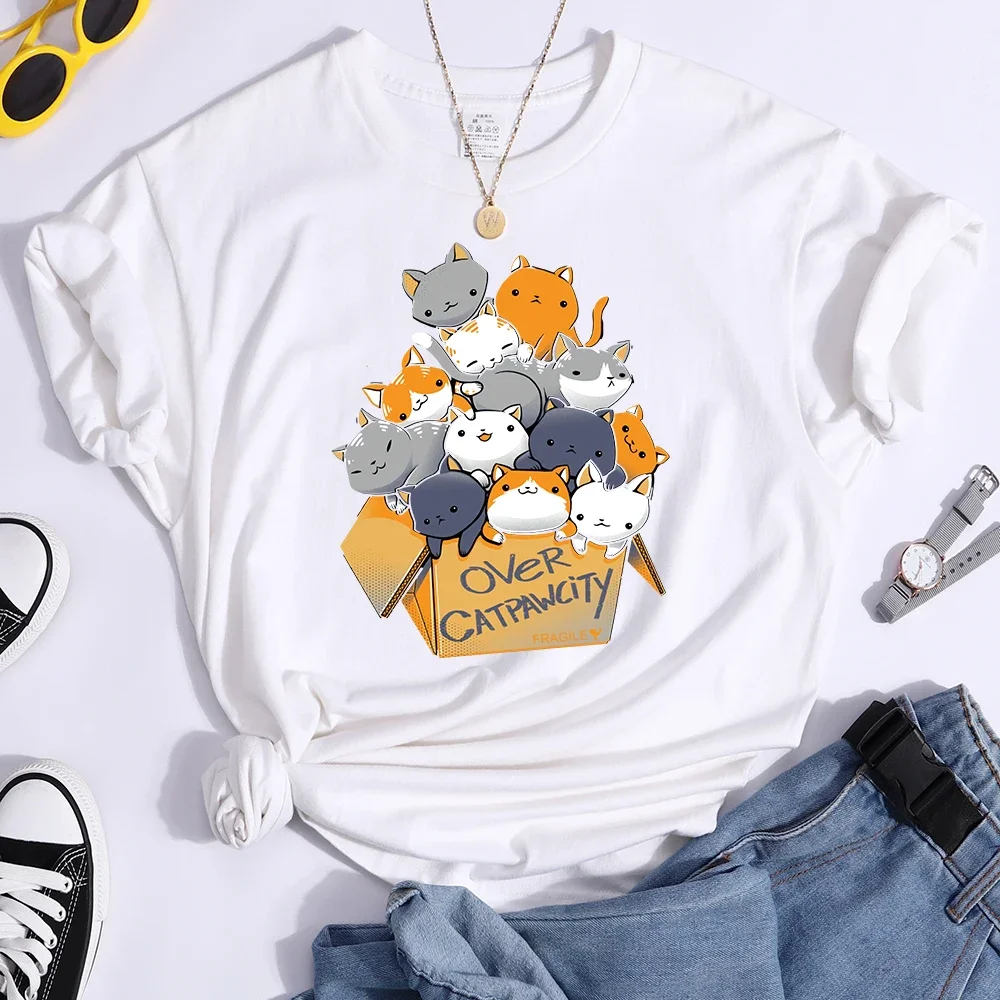 

Print Woman T-shirt Kawaii Cats Gathered Female Casual Creativity Tops Ladies Summer Commuter Tee Y2k Aesthetic Modal