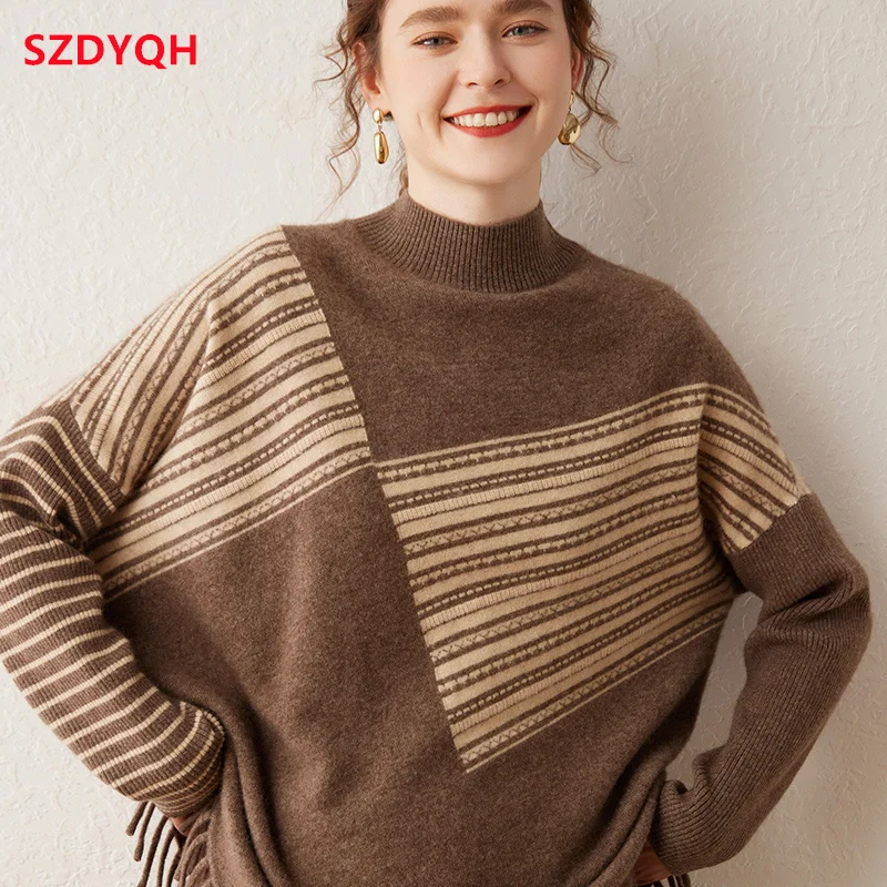 

2023 Autumn Winter New 100% Cashmere Sweater Round Collar Women's Thicken Warm Pullover Female Loose Large Size Knitted Jumper