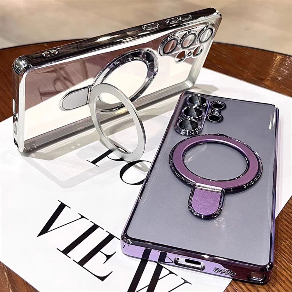 Luxury Plating Shockproof Magnetic Bracket Clear Case with Holder Stand Cover