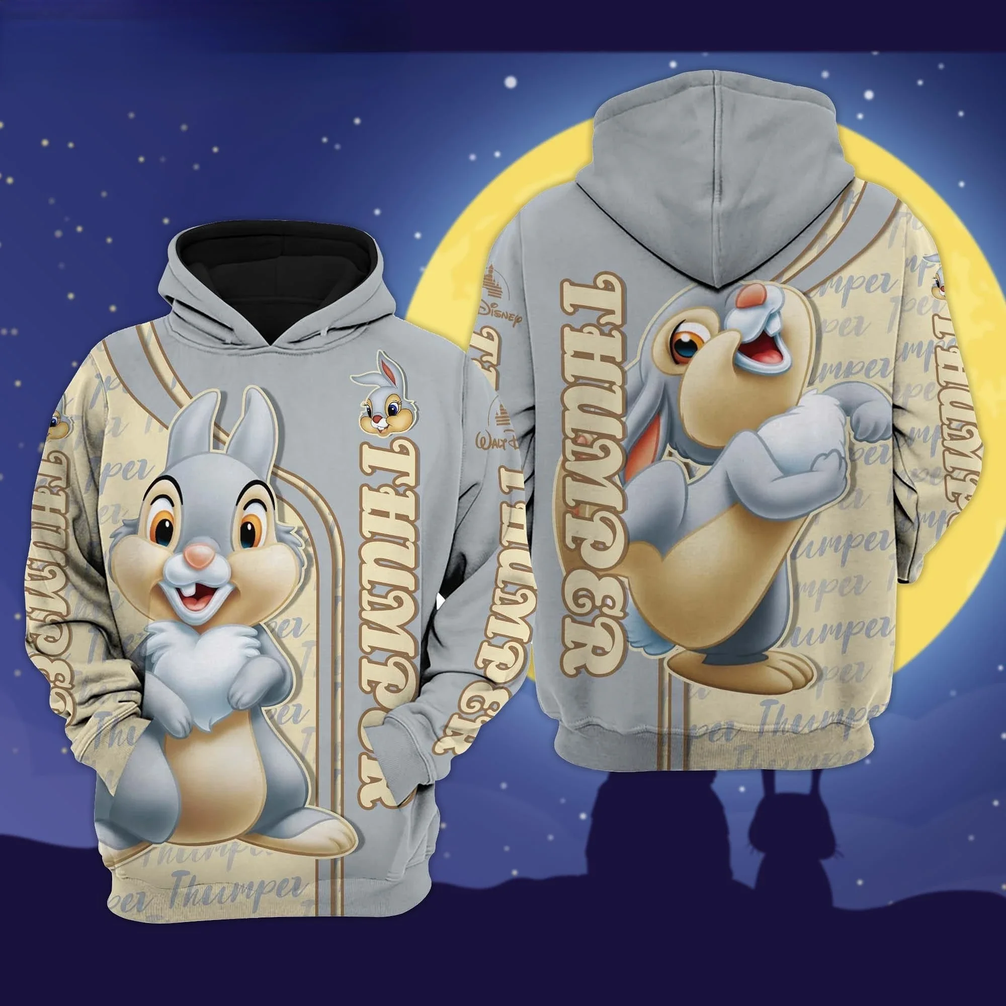 

2024 Spring and Autumn New Men's 3D Printing Thumper Rabbit Bambi Disney Cartoon Graphic Pullover Women's Zip Hoodie