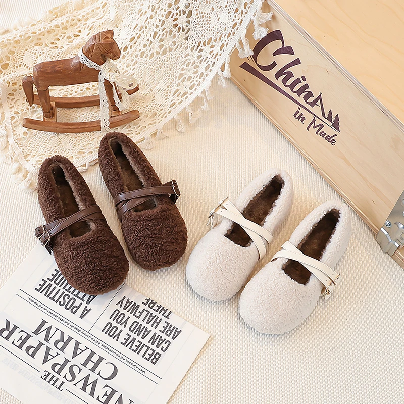 Girls Fuzzy Ballet Flats Soft Sole Non Slip Winter Shoes