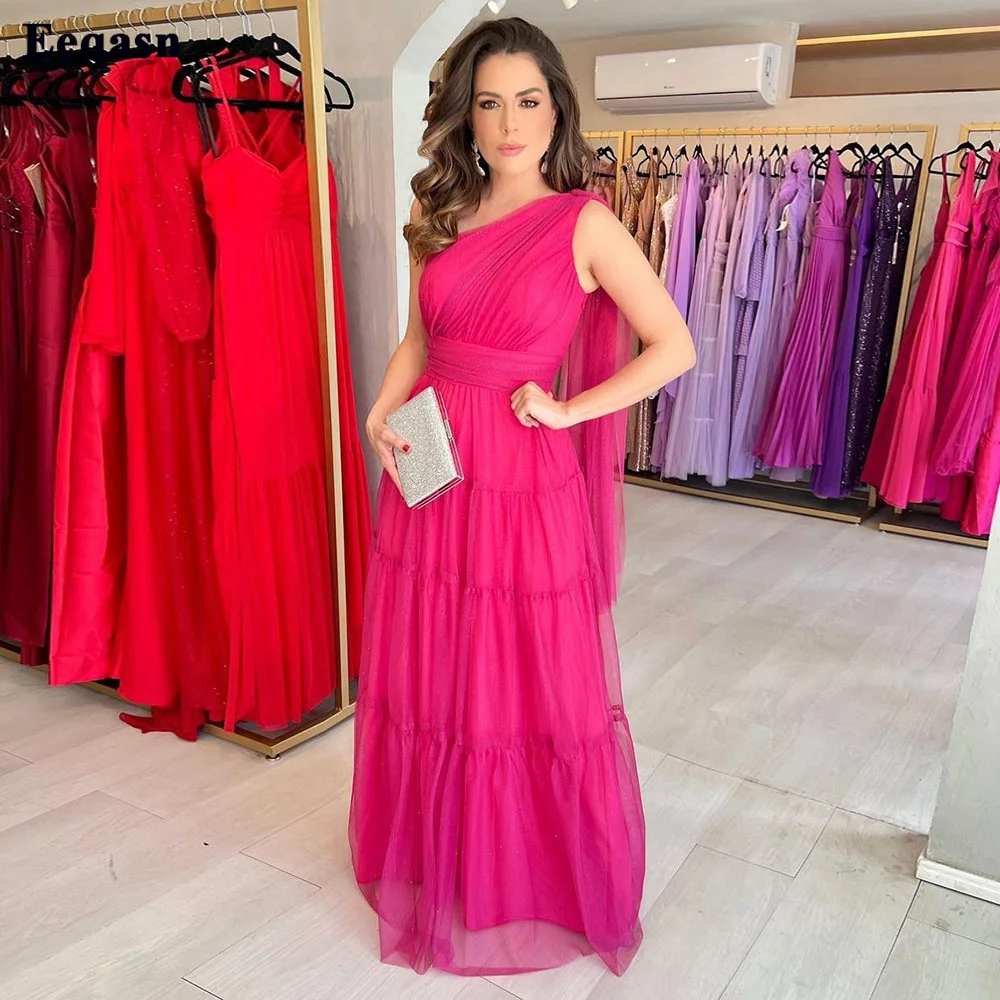

Eeqasn Fuchsia One Shoulder Long Prom Party Dress Pleats Tulle Formal Evening Gowns Tiered Skirt Women Wedding Bridesmaid Dress