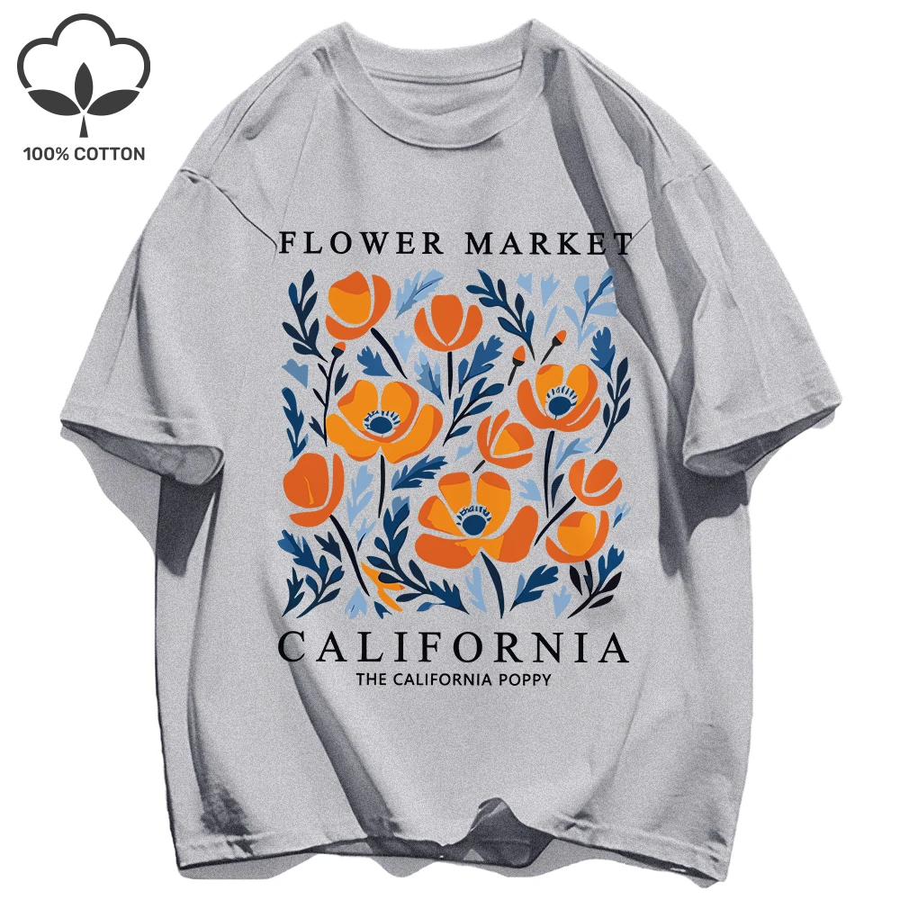 California Yellow Flowers Print Women's Soft Cotton O-Neck Casual Tee