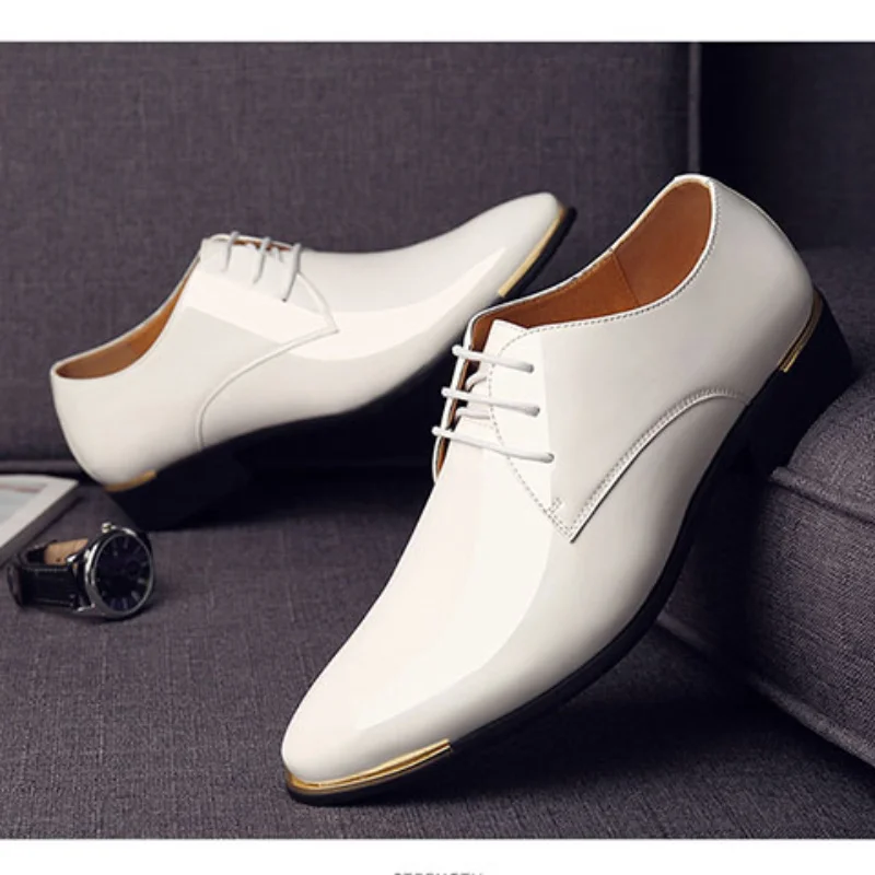 Black Leather Low Top Men Dress Shoes Solid Color Patent Leather Shoes White Wedding Size 38-48 leather shoes