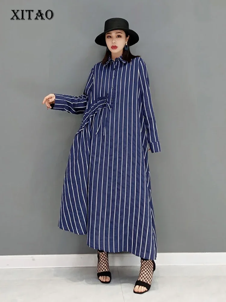 

Повседневное Полосатое платье-рубашка XITAO, асимметричное Бандажное свободное модное платье с отложным воротником, новинка весны 2024, GWJ3222