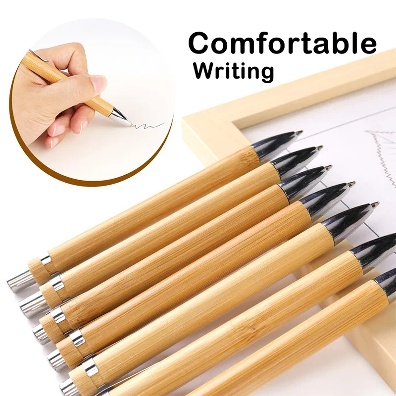 Retractable Ball Point Pens 10Pcs Blue Black Ink Natural Bamboo for School Office