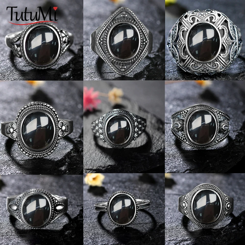 Vintage 925 Sterling Silver Ring Natural Black Onyx Ring Oval Round Stone Retro Fine Jewelry Gift Sun Shaped For Women Men silver ring