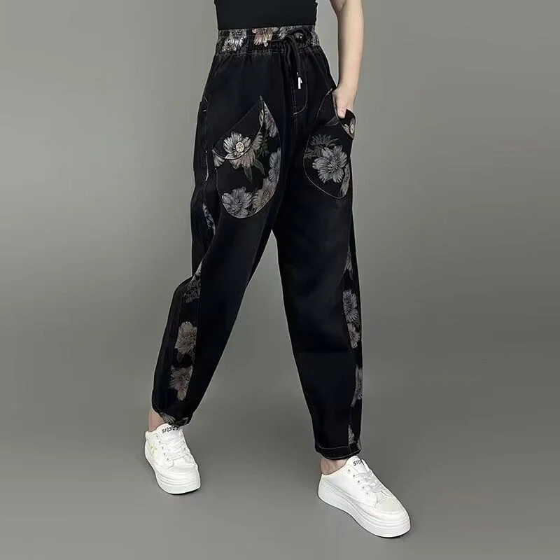 Plus Size 3XL Fat Fleece Jeans For Women Straight Trousers Wide Leg Loose Fit Tight Elastic Waist Slimming For Women Denim Pants