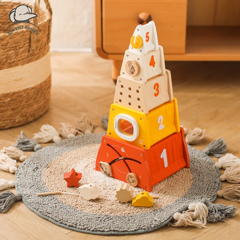 

Montessori Rocket Toy Shape Matching Toy Wooden Stacked Building Block Toy Baby 5-in-1 Multifunctional Box Delicate Wooden Gift