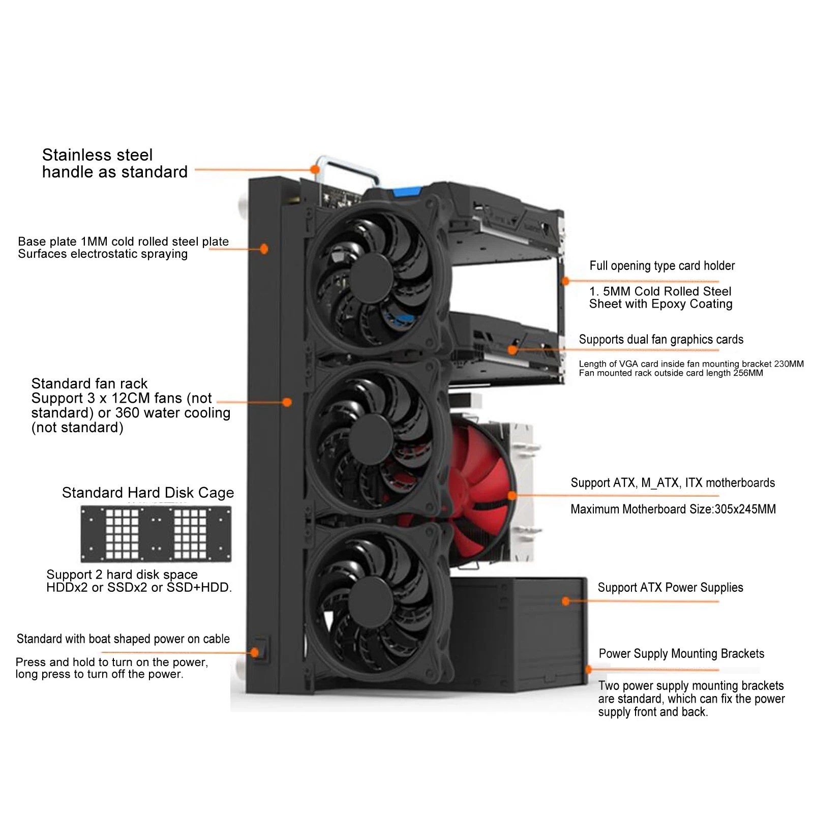 PC Case PC Chassis Computer Chassis Frame Computer Open Case Bracket Powerful Cooling Heat Dissipation Steel Plate DIY Computer Motherboard Case Rack for ATX M ATX ITX
