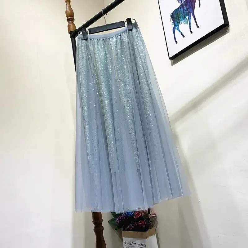 thumbnail image 1 of Falda de malla de cintura alta adelgazante con diseño de cielo estrellado para mujer, nueva falda de línea A de longitud media con parches de lentejuelas estilo 2024, 1 of 5