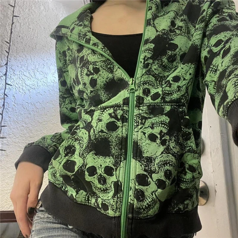 Green Graphic Long Sleeve Hooded Tops with Pockets Y2k Aesthetic Hoodie 2000s Gothic Punk Coat Streetwear Women Skull Sweatshirt