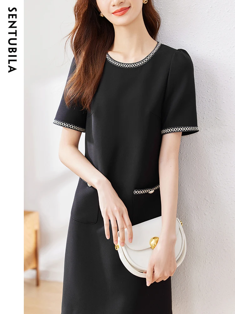 

SENTUBILA Women's Elegant Short Black Dress 2023 Summer Crew Neck Short Sleeve Contrast Crop Mini Dresses With Pocke 132L49381