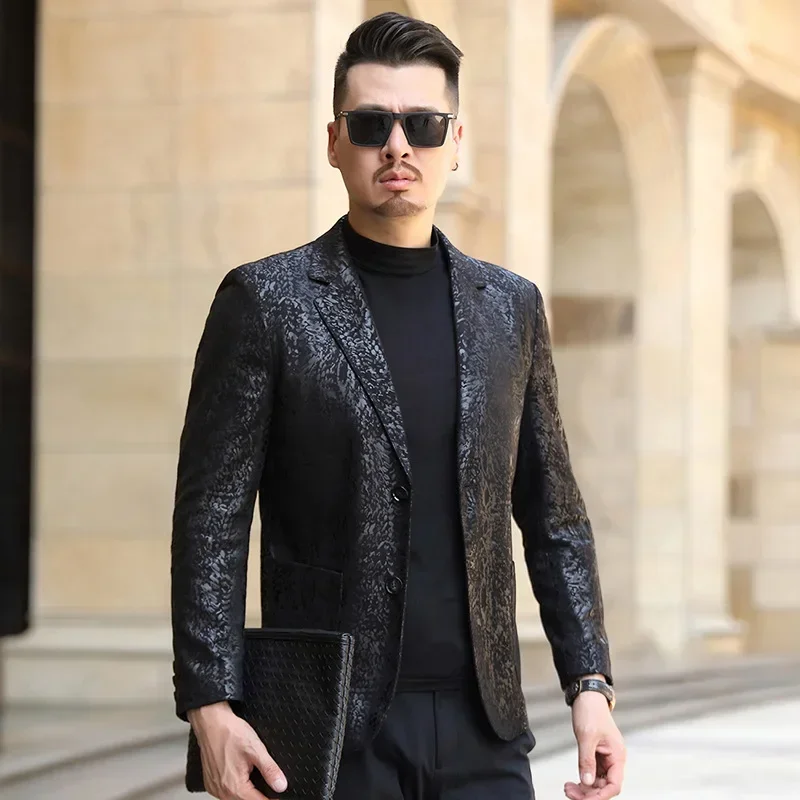 

Костюм мужской из 2023 натуральной кожи, облегающая Короткая кожаная куртка с узором для молодежи средней длины