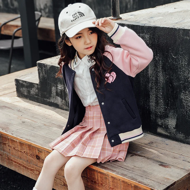 Spring Autumn Girls Baseball Jacket Kids Casual Sport Coat Teenager School Uniform Outerwear Long Sleeve Top 4 5 7 9 11 13 Years