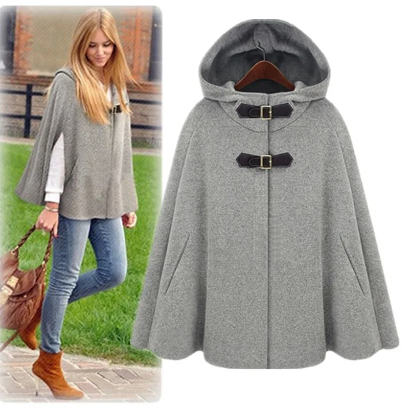 European and American street shawl fashion cloak women's velvet hooded wool coat winter