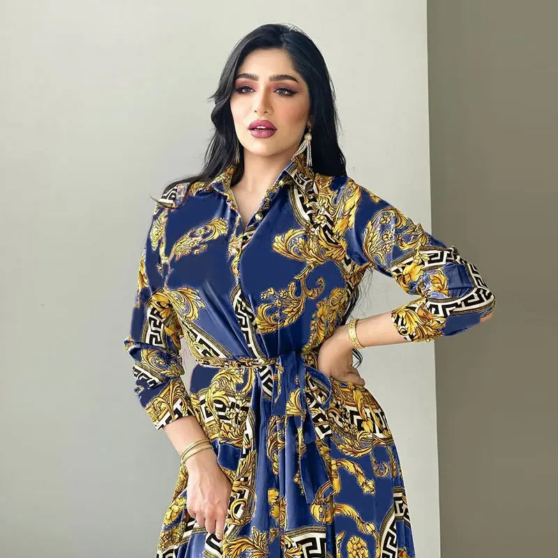 Ethnic Print Maxi Dresses for Women Single-breasted Lapel Shirt Dress Dubai Turkey Arabic Oman Middle East Clothing 2023 New