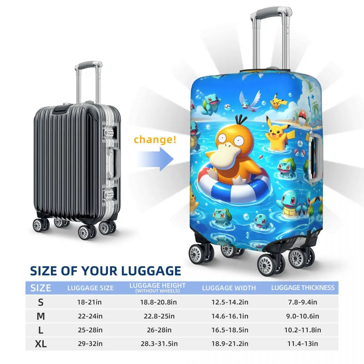 Game Pokemon Psyduck Printed Suitcase Cover Flight Business Elastic Luggage Accesories Protection 6