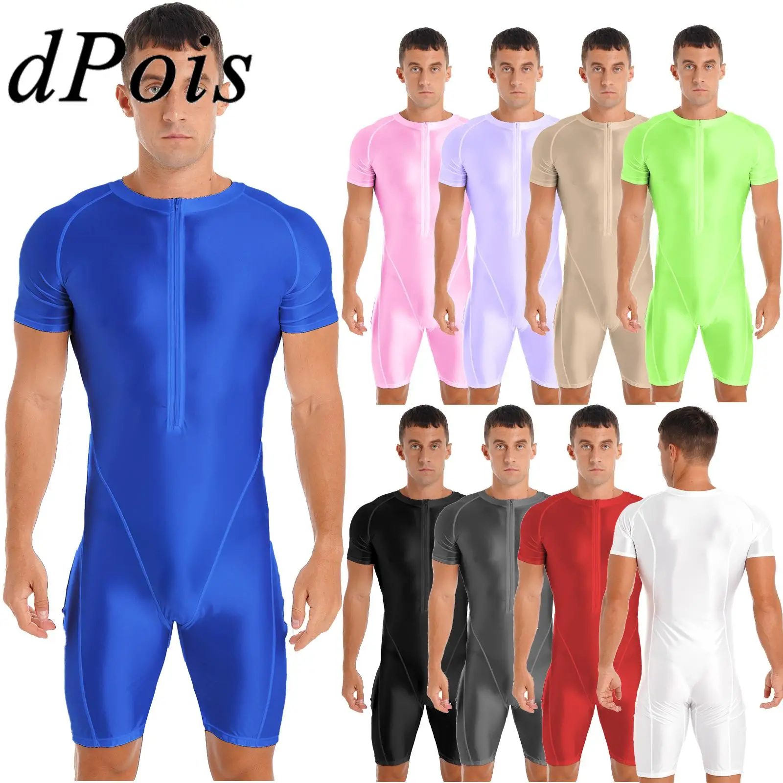 

Mens Swimwear Glossy Short Sleeve Zipper Jumpsuit Bodysuit for Sport Yoga Gymnastics Unitard Leotard Hommes Swimsuits One-Piece