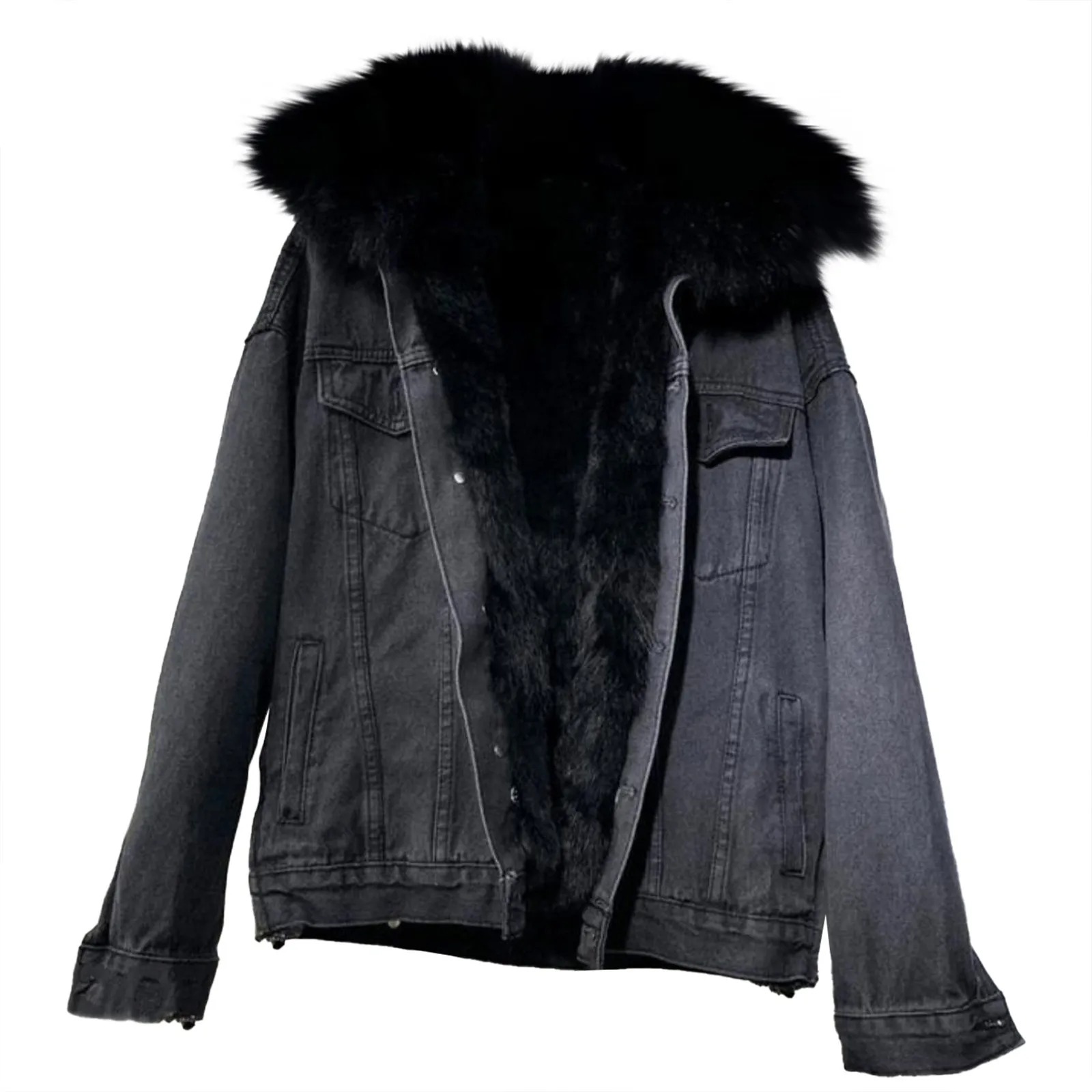 Denim Fleece Thicken Coat Women Winter Thermal Fur Neck Single Breasted Pocket Coat Vintage Loose Warm Soft Streetwear Outercoat