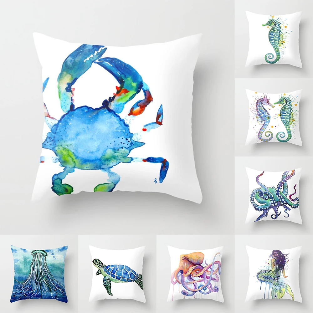 

Watercolor Marine Life Starfish Octopus Print Pattern Cushion Cover Home Living Room Sofa Decoration Square Throw Pillow