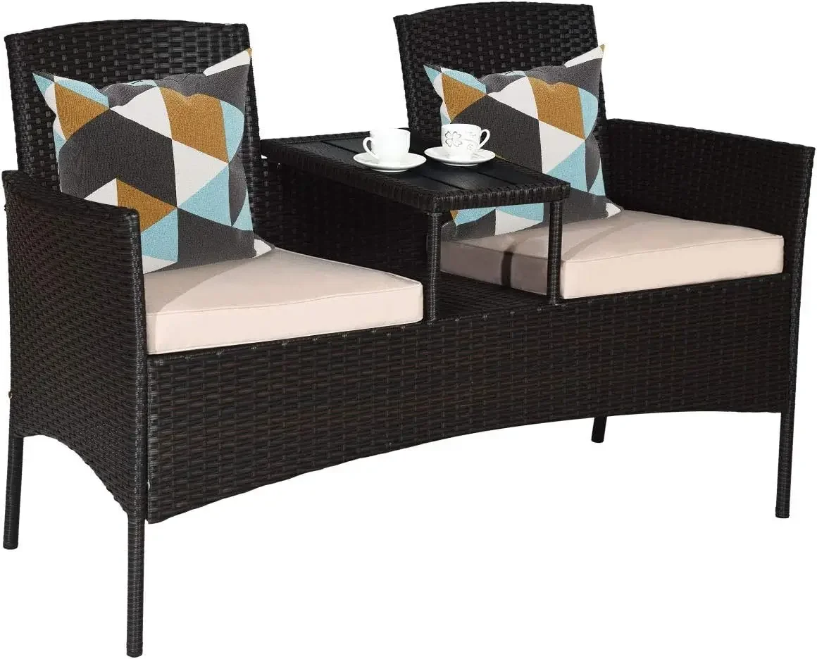 

Outdoor Rattan Loveseat, Patio Conversation Set with Cushions& Table, Modern Patented Wicker Sofa Set with Built-in Coffee Table