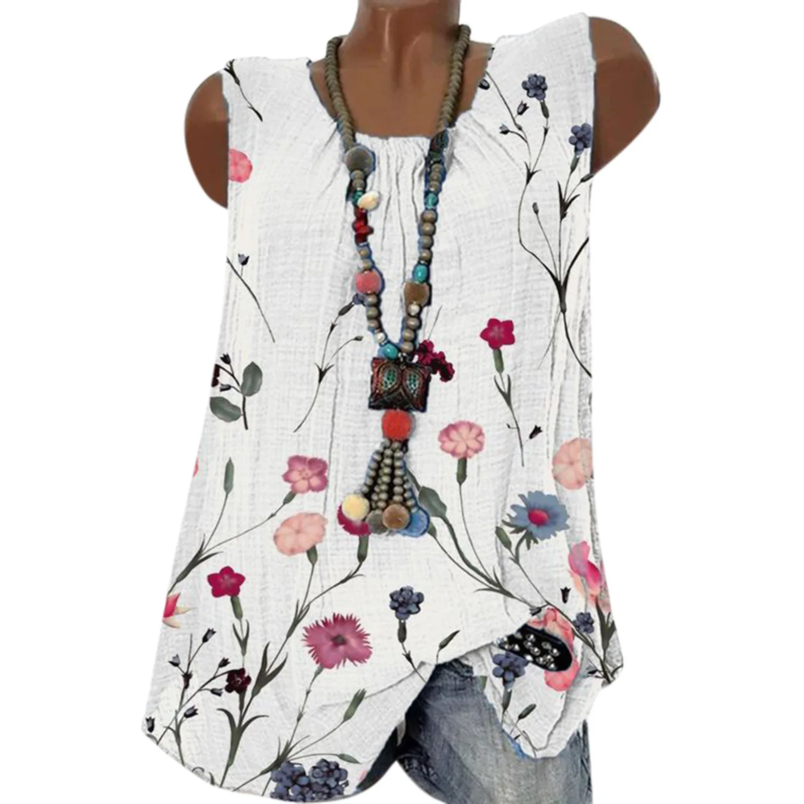 Women Sleeveless Tunics Summer Casual Flower Print Pleated Tees Tanks