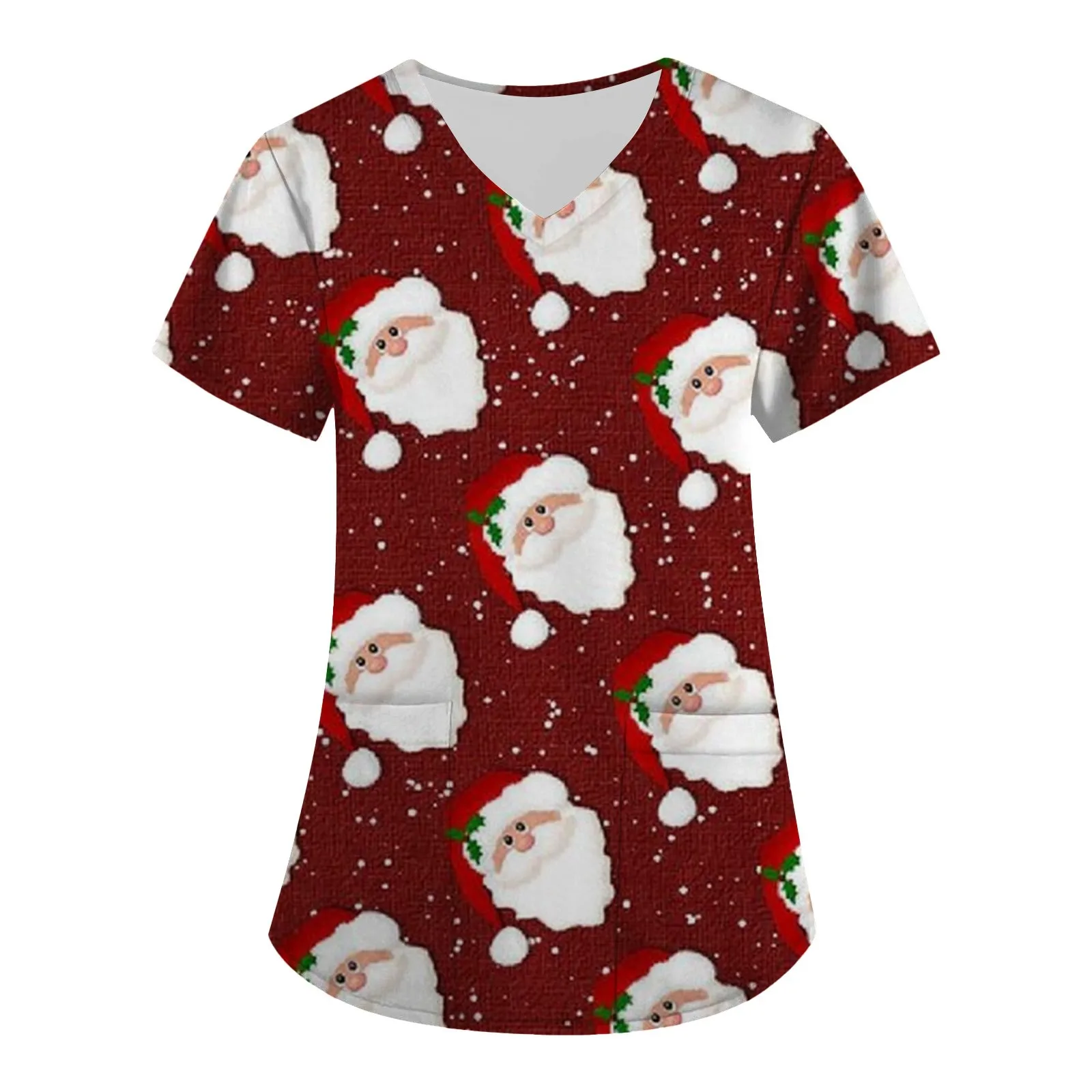 

Christmas Nurse Uniform Tops Womens Xmas Santa Claus Print Short Sleeve V Neck Pockets Workwear Medical Scrubs Nursing Uniforms