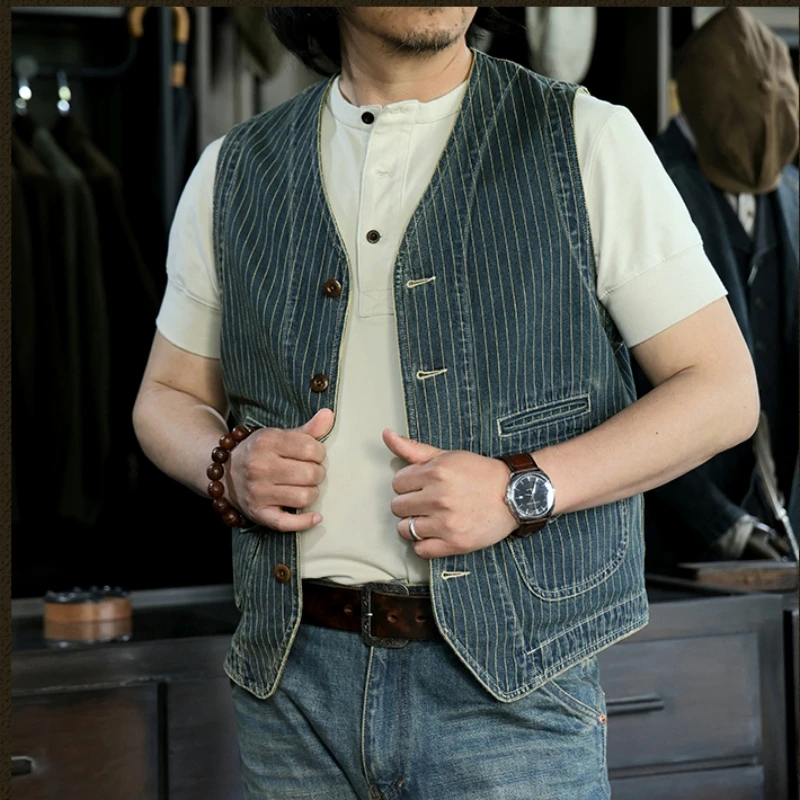Men's Striped Denim Vest V-neck Slim Fit Western Classic Style Waistcoat 4