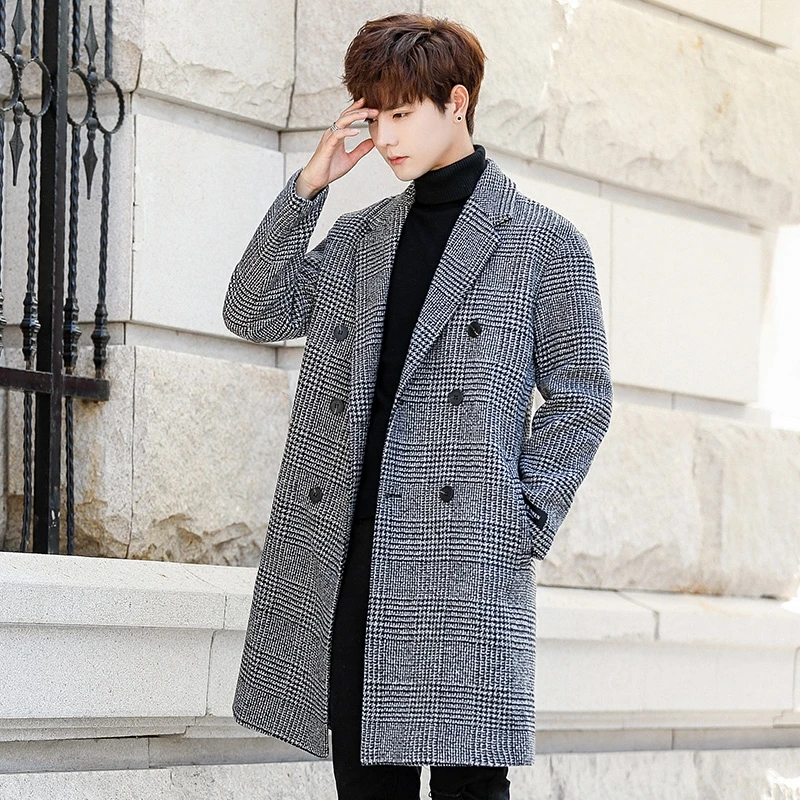 

Casual Autumn Winter Mens Plaid Woolen Coat Mid-Length Loose Wool Overcoat Outwear Thick Warm Check Windbreak Long Trench Jacket