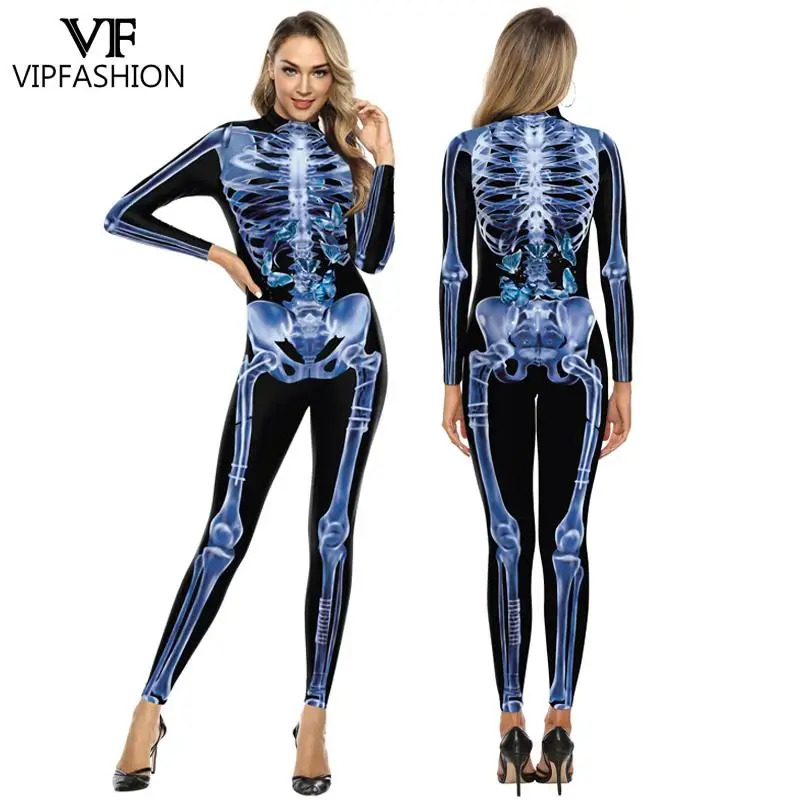 Women Zentai Suit Movie Cosplay Skeleton Printed Bodysuit Fancy Jumpsuit Halloween Party Costume