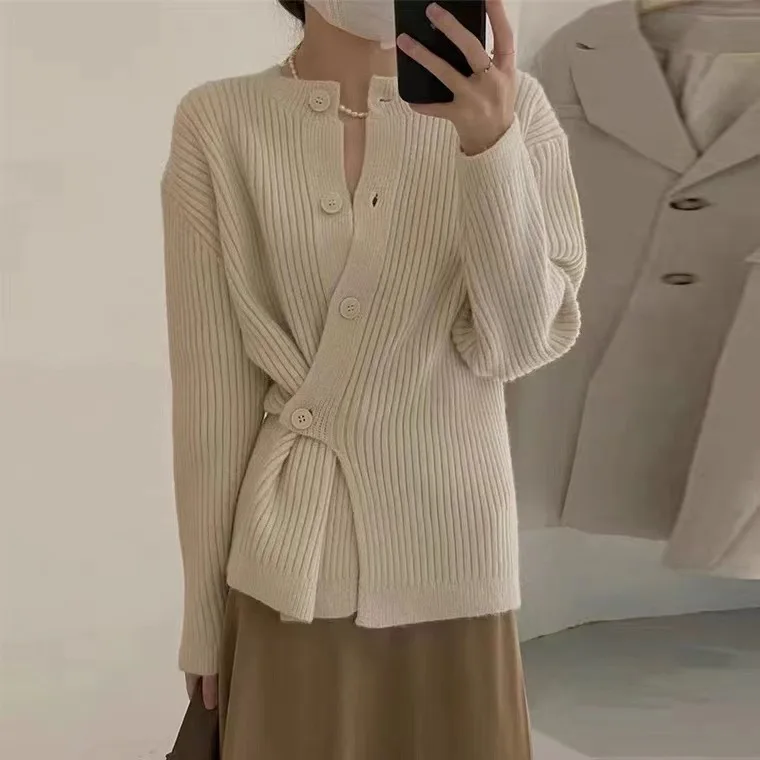 

Chic Top Irregular Side Buckle Design Sense Breasted Knitted Cardigan Long Sleeve Thick Sweater Female Autumn and Winter