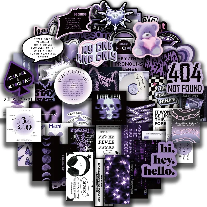 Cool Black Purple INS Graffiti Stickers 60Pcs Trendy Aesthetic Stickers Vinyl Stickers for Water Bottle Laptop Guitar