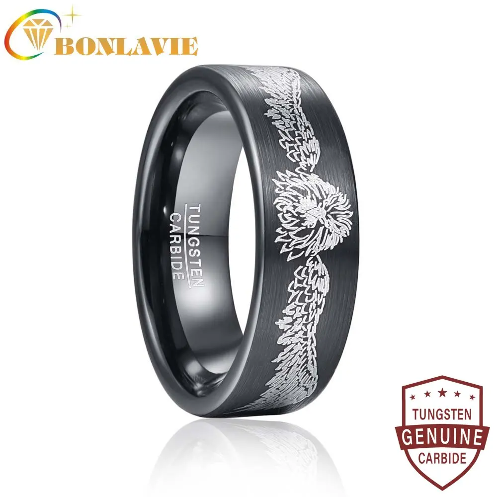 

BONLAVIE 8mm Electroplate Black Laser Winged Lion Tungsten Carbon Steel Ring Black High Polish Carbide Rings for Men Gift