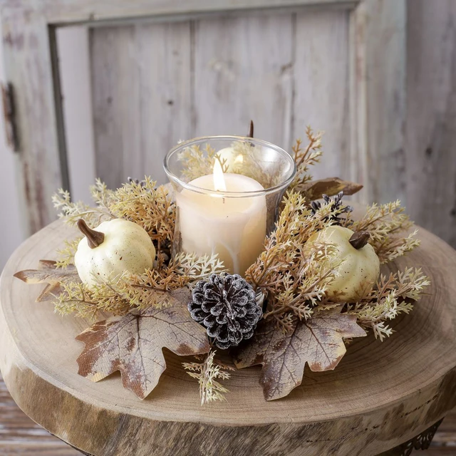 Fall Candle Rings With Maple Leaves - Thanksgiving Table Decor With Artificial Berries For Centerpieces