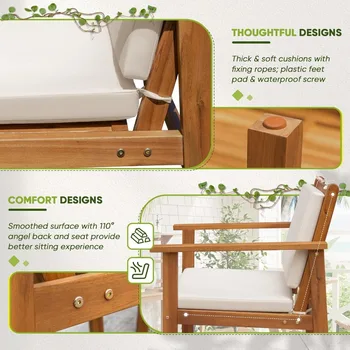 Flamaker Patio Chairs 3 Piece Acacia Wood Patio Furniture with Coffee Table & Cushions Outdoor Conversation Set Balcony Chairs 5