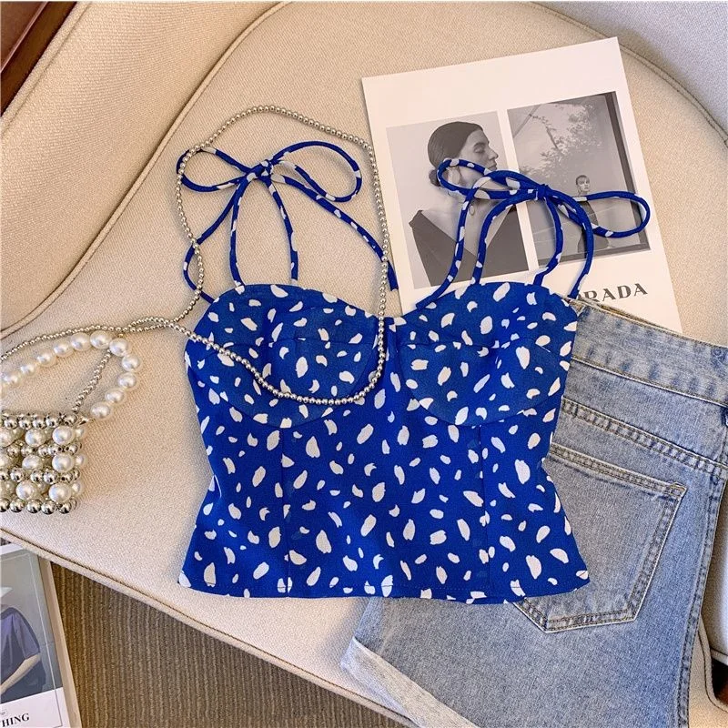

Sexy V-neck chest tank bralette crop top with straps women's navy print versatile chest wrap strapping and bra top fashion