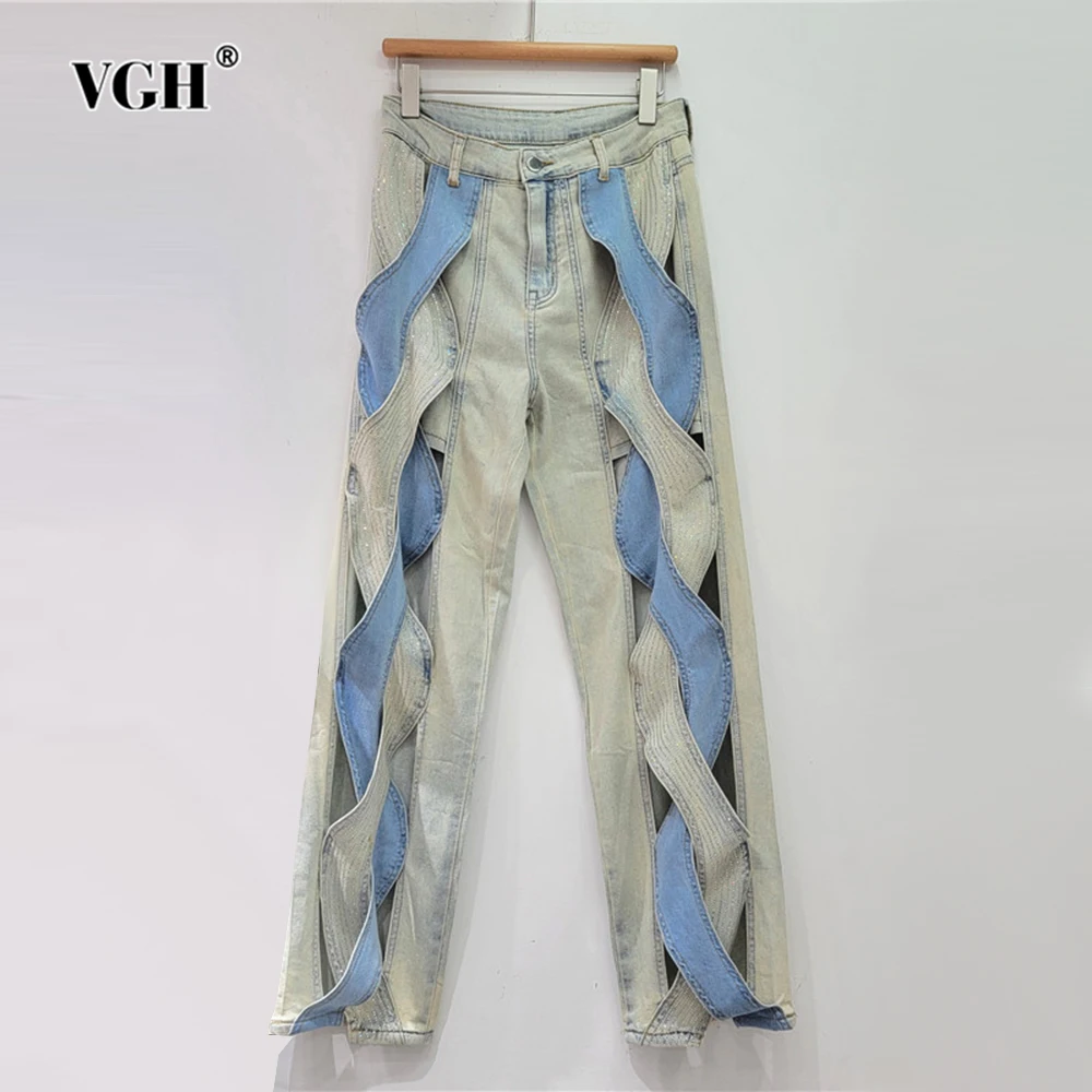 

Женские свободные джинсы VGH, повседневные Лоскутные Брюки с высокой талией и широкими штанинами, модные стильные джинсы популярного цвета