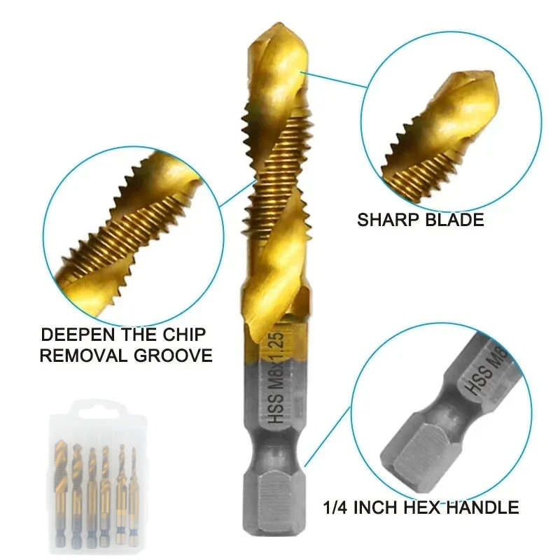 High Speed Steel M3-M10 Titanium Plated Composite Tap Drill and Tap Tool 6pc Hexagonal Drill and Tap Integrated Machine Hole Chamfer Tool