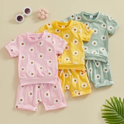 Summer Toddler Baby Girls Outfit Clothes Sets Daisy Print Short Sleeve T-Shirt and Elastic Shorts Baby Toddler Clothing