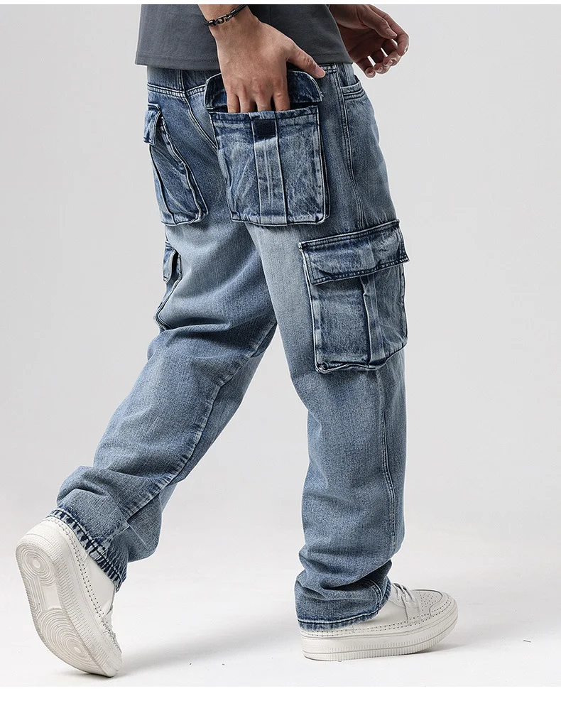 Large Size 46 Loose Jeans Men Denim Pants Straight Pocket Baggy Casual Streetwear Hip Hop Brand Blue Wide Leg Cargo Trousers 2
