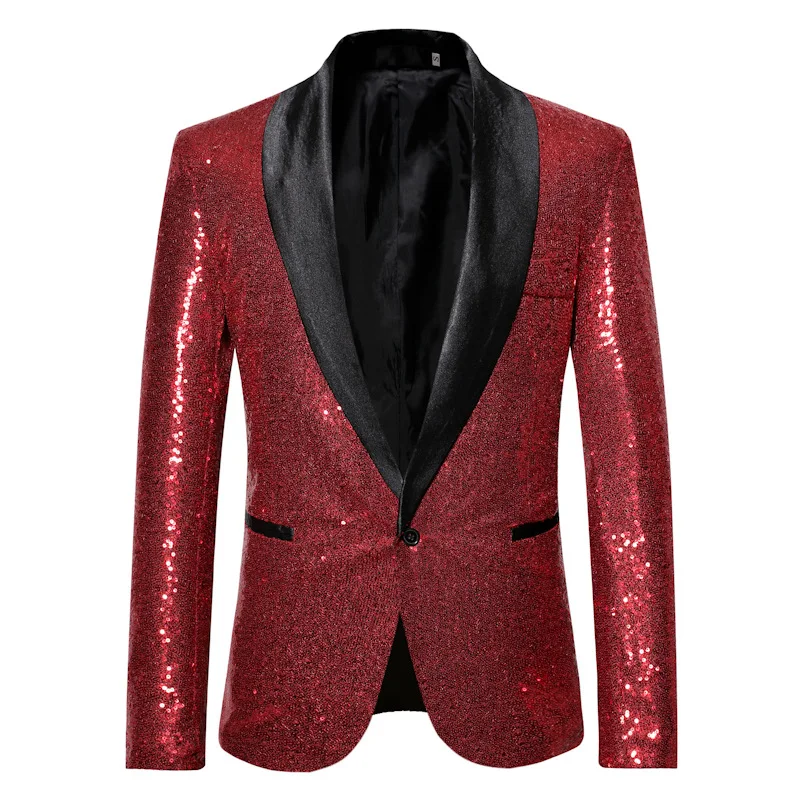 

Mens Red Sequin Giltter Shawl Lapel Blazer Suit Jacket Wedding Prom Tuxedo Blazers Men DJ Nightclub Stage Singer Costume Homme