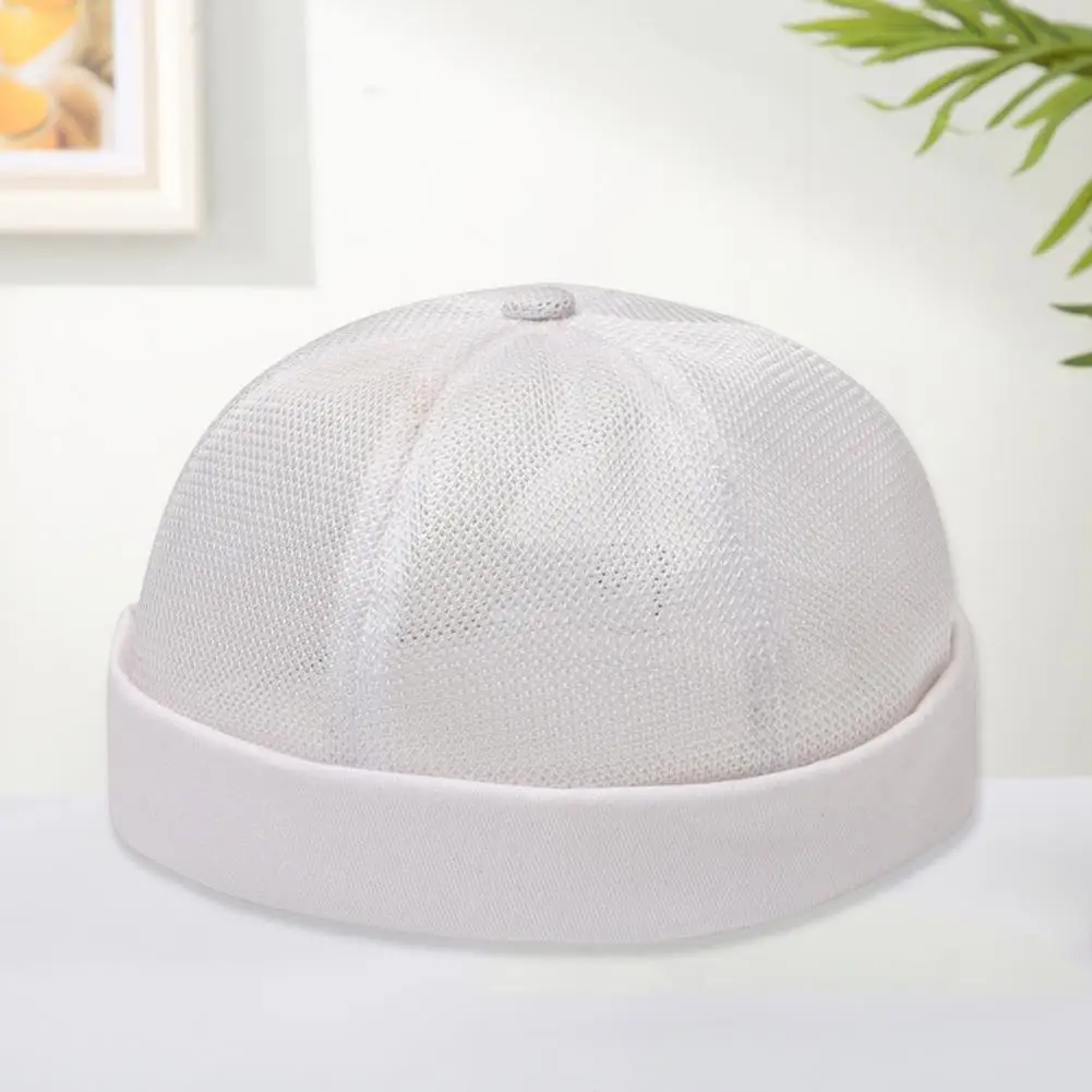 Women Men Dome Hat Solid Color Hollow Out Mesh Docker Hat Breathable Brimless Lady Hat Solid Color Unisex Ponytail Hole Headwear