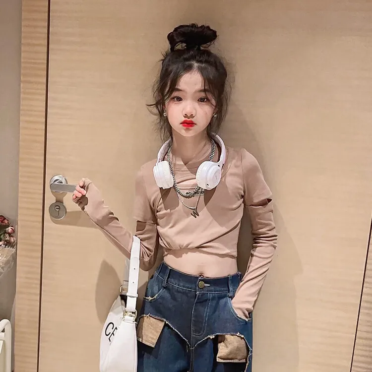 Girl Top New Spring Autumn Korean Fashion Style Cut Out Base Shirt Girls Solid Long Sleeve Blouse Casual Children Clothes