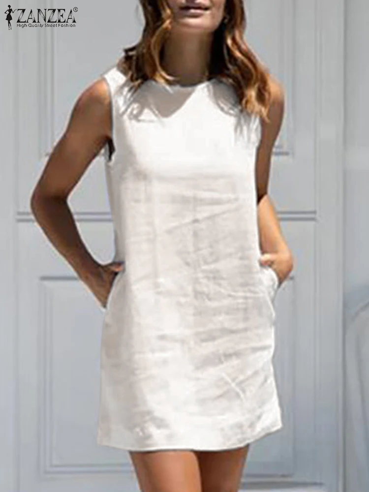 Calbatic Women's Summer Sleeveless Dress — Open Back, Cotton Linen, Mini Length With Pockets - View #4