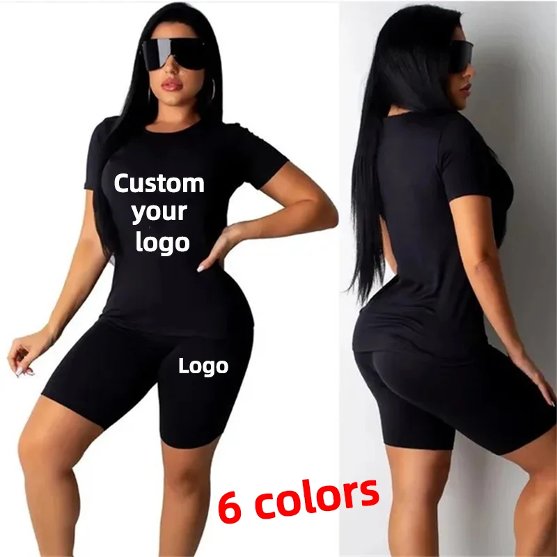 Women's Fashion DIY Printed Two Piece Sets Summer T-shirt + Shorts 2 Piece Set Slim Fit Outfit Suits Customize your logo