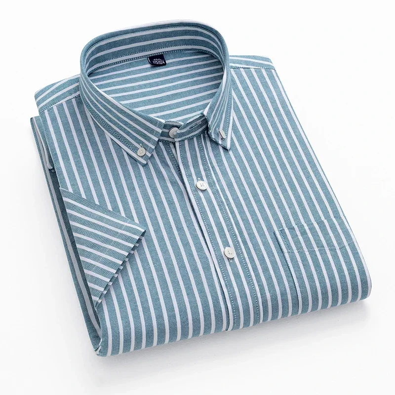 2024 100% Cotton Oxford Plaid Business  Men's Striped Fashion Short SleeveButton Down Regular Fit Office Shirt Man Clothing 6