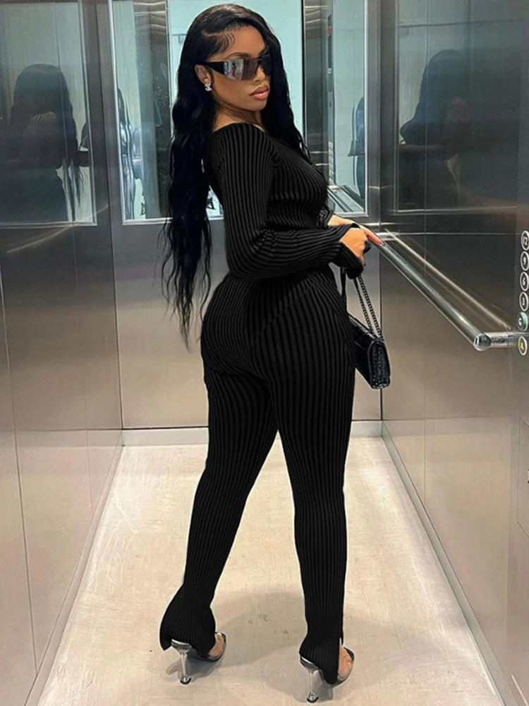 Sibybo Long Sleeve Jumpsuit Fashion Sexy Ribbing Skinny Rompers Basic Casual Lace Up High Waist Pants Winter Commuting Clotheing