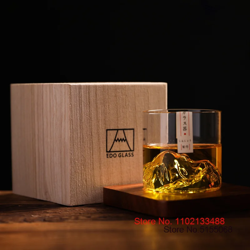 Japanese Whiskey Rock Glass Old Fashioned Glacier 3D Mountain Whisky Glasses Wood Gift Box Brandy Snifter Vodka Cup Wine Tumbler